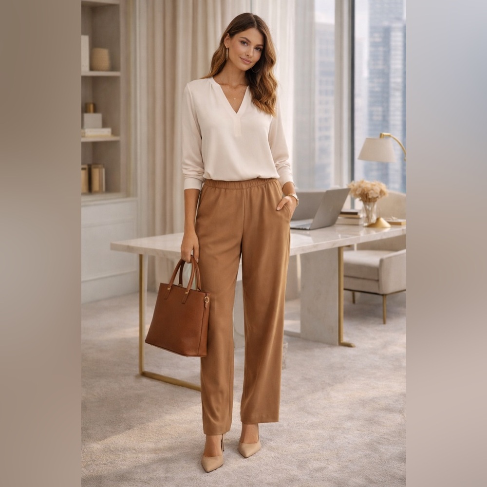 Silhouettes Tan Straight Leg Pants Size 28W Pull-On